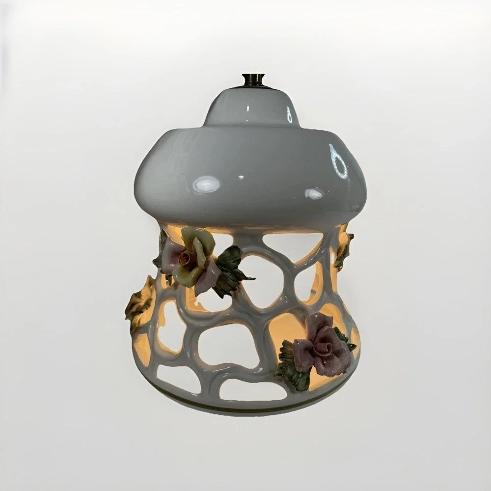 Vintage M. Moretto Porcelain Made In Italy White Lace Rose Hanging Light